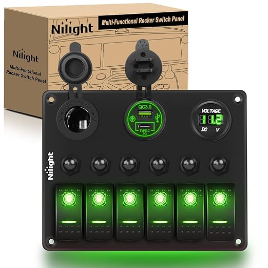 Nilight 6 Gang Rocker Switch Panel Waterproof Pre-Wired Aluminum Panels with PD Type C and USB Cigarette Lighter Socket Voltmeter 12V 24V ON Off Switches for Car Trucks Boats RVs Green