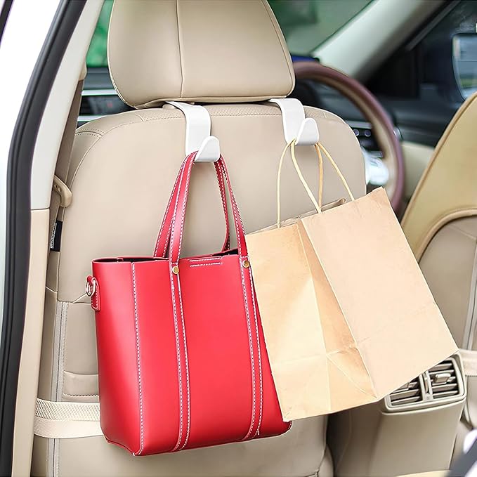 Osilly Car Seat Headrest Hook, 4 Pack Auto Seat Hanger Storage Organizer for Purse Handbag Coats Grocery Bags, Car Interior Accessories, Universal Vehicle Backseat Plastic Hanging Hook（White）