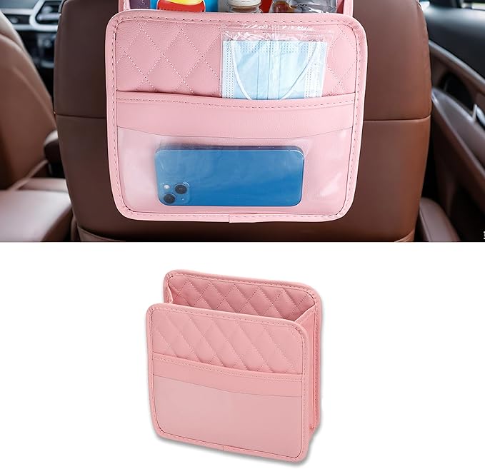 Car Seat Back Hanging Bag, PU Leather Automotive Seat Back Organizer, Multipurpose Vehicle Travel Essentials Accessories for Kids & Adults, Universal for Most Cars (Pink)