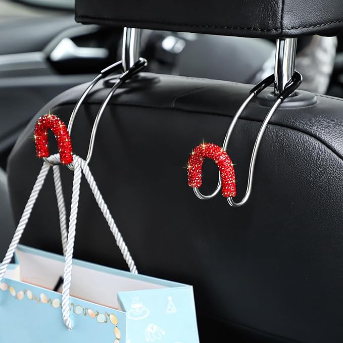 Soleebee 2 Pack Bling Car Headrest Hooks Crystal Rhinestones Universal Car Seat Hook Auto Hook Durable Car Back Seat Hangers Storage Organizer (Red)