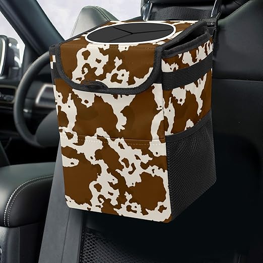 Brown Cow Print Car Trash Can with Lid Collapsible Reusable Waterproof Car Garage Bag,Automotive Garbage Can,Car Accessories Interior Car Organizer