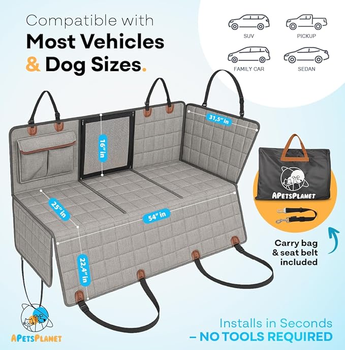APetsPlanet Backseat Extender for Dogs, Dog Seat Cover Hard Bottom for Car Backseat & Truck Travel Bed, Platform Hammock Mat Converts Rear Seat Into Backseat Bed, Grey with Door Covers