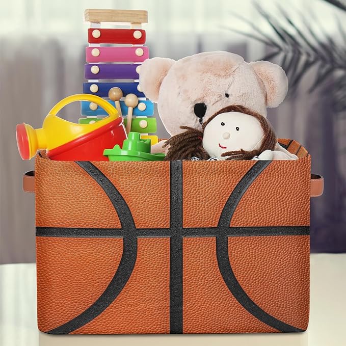 Basketball Texture Storage Baskets for Organizing, Fabric Collapsible Storage Bins Box Sport Pattern Decorative Toy Organizer Baskets for Closet Shelves Gift Basket 2Pcs