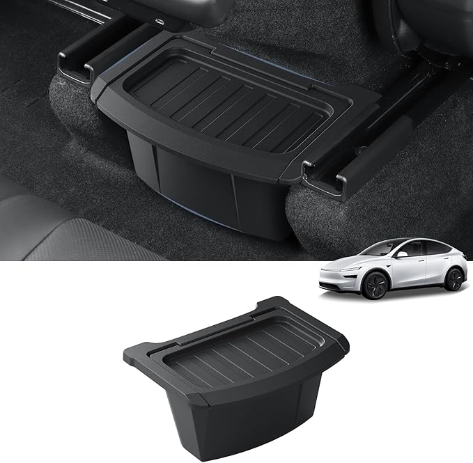 LUCKEASY Rear Center Console Floor Storage Box with Lid For Tesla Model Y Juniper 2025 2026 Storage Organizer Box with Lids Accessories TPE Black