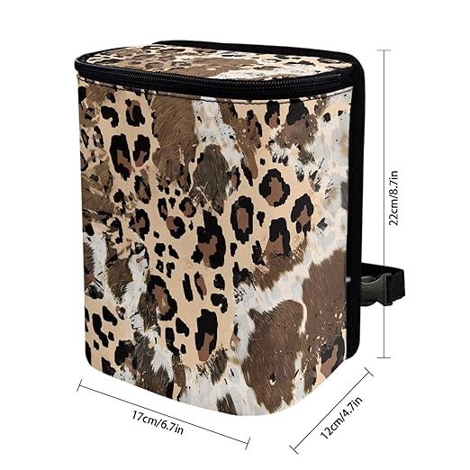 Talayituse Brown Leopard Cow Print Car Trash Can with Lid, Leak Proof Auto Trash Bag Hanging Vehicle Garbage Can Multipurpose Storage Container for Back Seat Road Trip