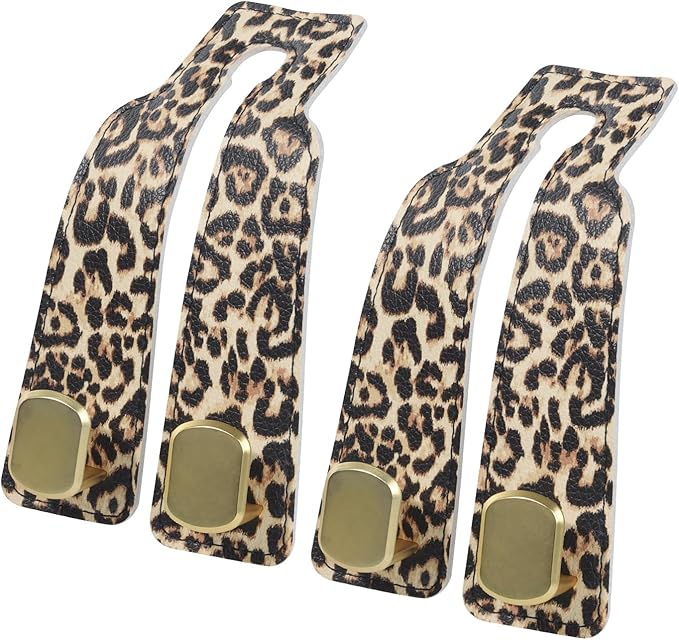 Purse and Bag Hook for Car, Zinc Alloy Seat Headrest Hooks, Upgraded Leather Car Seat Back Purses Hanger and Bags Holder (Leopard, 2Pack)