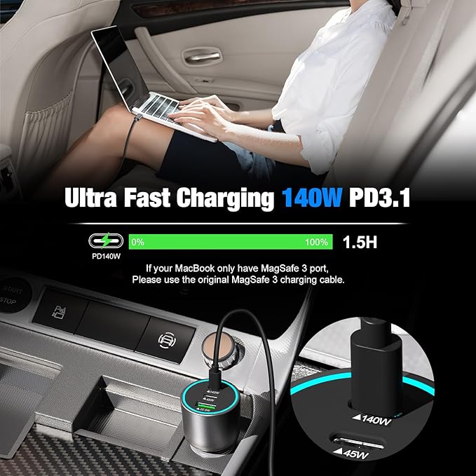 140W USB C Car Charger, Super Fast Charging for iPhone 17 Pro Max/16/MacBook Pro/Air/Samsung S26, Drone, Laptop, Starlink Mini, PD3.1 & PPS 45W Type C Cigarette Lighter Adapter with 100W E-Mark Cord