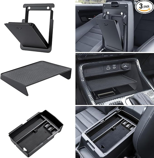 Center Console Organizer for 2023-2025 Honda CR-V, Armrest Storage Tray with Magnetic Hidden Organizer Charging Station Caddy, ABS Car Interior Accessories OEM Style Leather Texture-3PCS