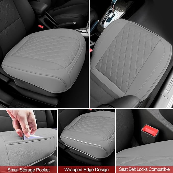 BEITK 1 Pack Leather Front Car Seat Cover Bottom Car Seat, Anti-Slip and Full Wrap Driver Car Seat Protectors, Luxury Waterproof Bottom Auto Seat Cushion Pad Mat for Most Vehicles(Gray)