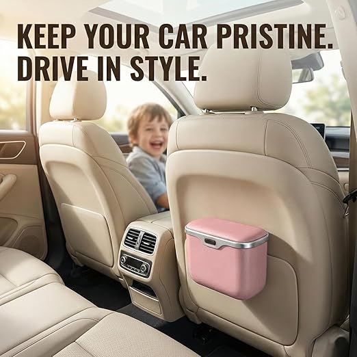 Car Trash Can with Lid - Leakproof Hanging Car Garbage Bin for Door & Seat Back - Waterproof Auto Trash Bag & Multifunctional Storage Organizer for SUV, Truck, Sedan (Pink)