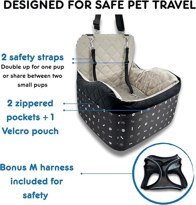 OtterPets Small Dog Car Seat, Memory Foam Dog Booster Car Seats with Thick Cushion for Medium Dogs Under 35lbs, 3 Storage Pockets with Zipper, 2 Safety Belts (Medium Bonus Harness Included)