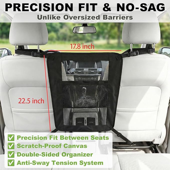 Dog Car Barrier & Seat Belt Set, Heavy Duty Canvas Car Seat Divider for Dogs with Double-Sided Organizer, Adjustable Elastic Straps, Precision Fit for SUVs & Cars, Pet Travel Safety Kit