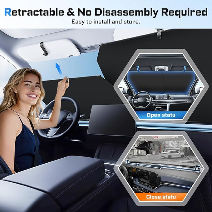 2026 Retractable Windshield Sun Shade Automatic Car Sunshade for Windshield, UV & Heat Protection, Keep Cool and Protect Interior, Adjustable Universal Fit for Car Trucks SUVs (Not for Large Trucks)
