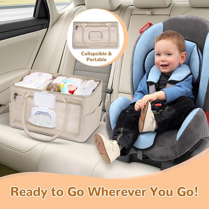 Diaper Caddy with Wipe Dispenser One-Handed Access, Premium Diaper Organizer, Portable Car Organizer Nursery Basket for Newborn Essentials, Baby Registry Must Haves for Boys & Girls, Beige