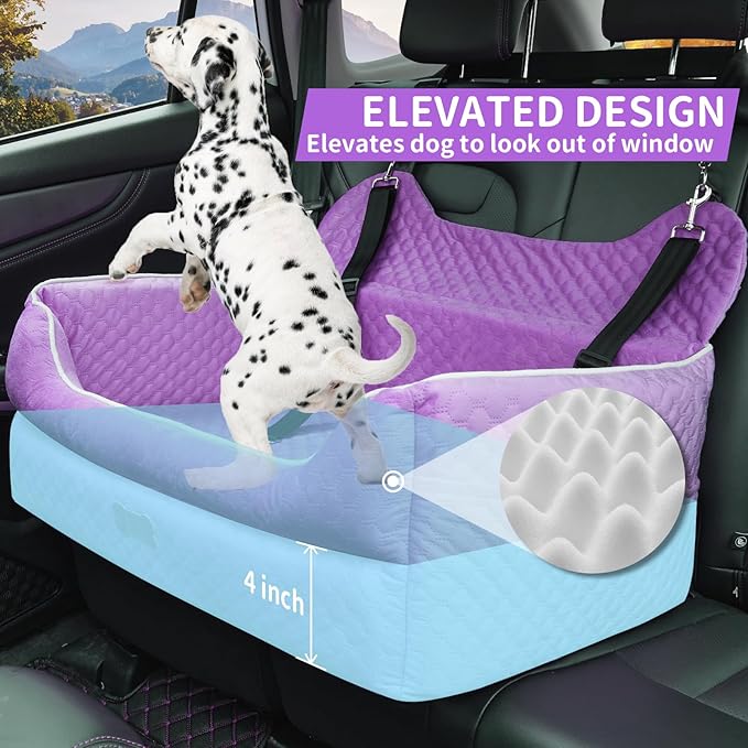 Dog Car Seat for Large/Medium Dogs - Memory Foam Dog Booster Seat for Under 55Lbs or 2 Small Dogs-Detachable and Washable Travel Bed with Thick Cushion and Storage Pockets-Purple