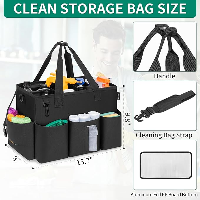 Wearable Cleaning Caddy Bag for Cleaning Supplies, Large Capacity Cleaning Organizer Tote Bag Kitchen Cleaning Supplies Storage Bag for Cleaners Housekeepers (Black)
