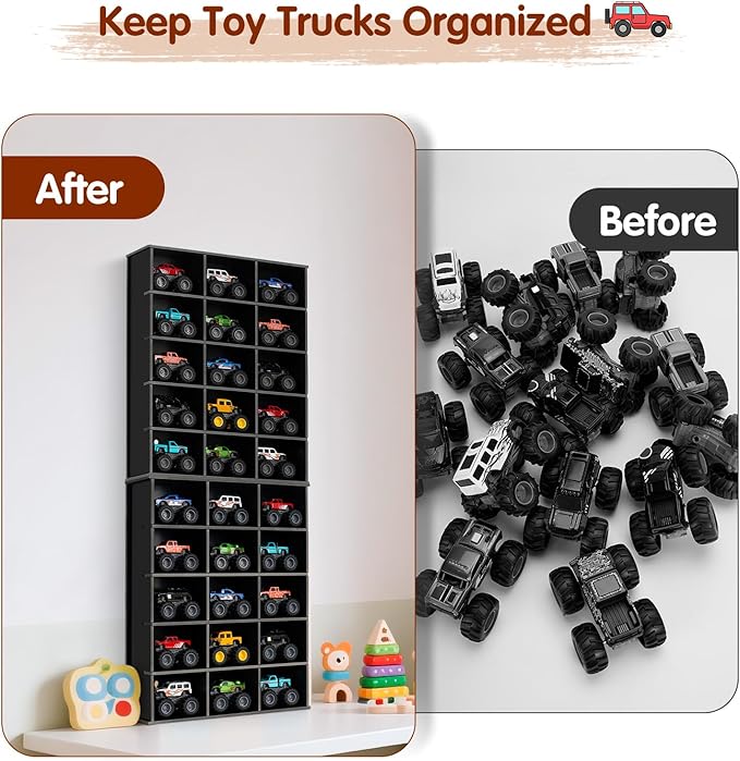 2 Pack Trucks Display Shelf, 15 Slot Toy Cars Display Case, Wall Mounted Toy Truck Storage Organizer Holder, Black