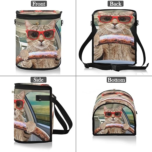Fun Cute Cat Driving Car Trash Can Car Garbage Bag with Lid Hanging Waterproof Leak Proof Vehicle Storage Bin