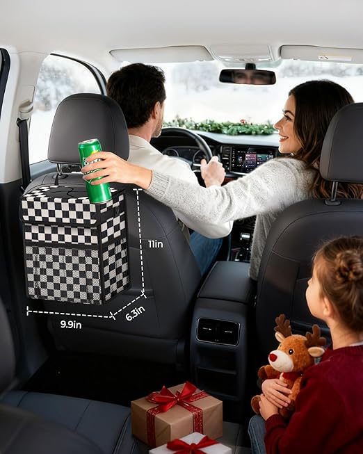 Corduroy Car Trash Can with Lid and Mesh Pockets - Leakproof Organizer,Multipurpose Waterproof Garbage Can/Trash Bin for Car(Black and White Check-3 Gallons)