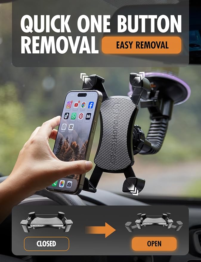 ToughTested Mammoth Truck Windshield Phone Mount, Vibration Absorbing Car Phone holder with One-hand Quick Release, Double-ribbed Gooseneck, Expandable Claw Grip, 360 rotation, Extra Large Suction Cup