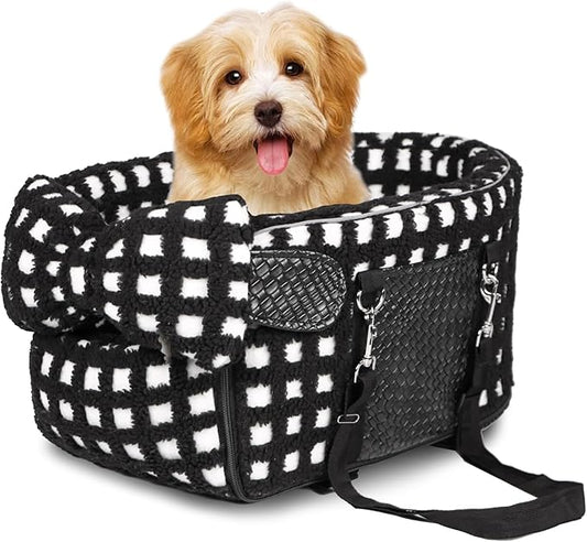 Prpeko Portable Dog & Cat Car Seat - Under 13 lbs, With Cozy Bow Neck Pillow (Grid-Black)