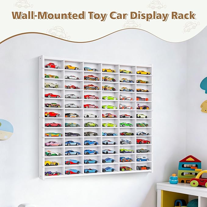 Toy Car Storage Display Case, 72 Slots Model Car Display Shelf for 1/64 Scale Toy Cars, Wall Mount Organizer Rack for Diecast Models (White)