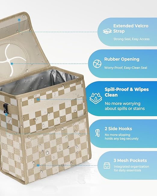 Corduroy Car Trash Can with Lid and Mesh Pockets - Leakproof Organizer,Multipurpose Waterproof Garbage Can/Trash Bin for Car(White Base with Khaki-2 Gallons)