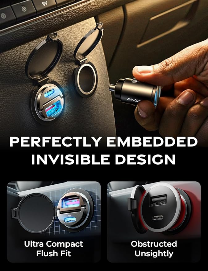 AINOPE 90W for Phone 17/16/15 Pro Max Car Charger USB C Fast Chage, [Mini&Metal] Invisible Cigarette Lighter Adapter with 3FT USB C to C Cable for iPhone 17/17 Pro/17e/16/15 Pro Max/Plus/16e, Kids