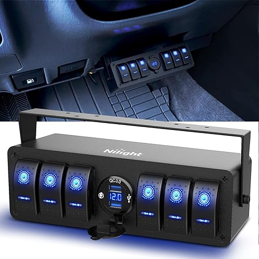 Nilight 6 Gang Rocker Switch Box 12V SPST ON Off Switch QC 3.0 USB Charger Voltmeter Waterproof Aluminum Rocker Switch Panel Night Glow Stickers for Boats Cars RVs Trucks, 2 Years Warranty,Blue