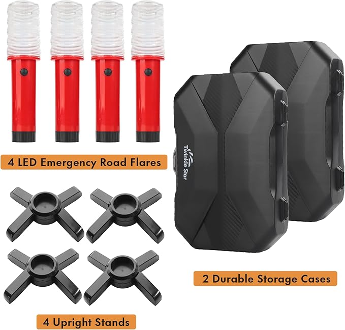 Twinkle Star Emergency Roadside Flares Kit LED Safety Strobe Road Warning Light Highway Beacon Alert Flare with Magnetic Base, Detachable Stand, Solid Storage Case (Set of 4) New