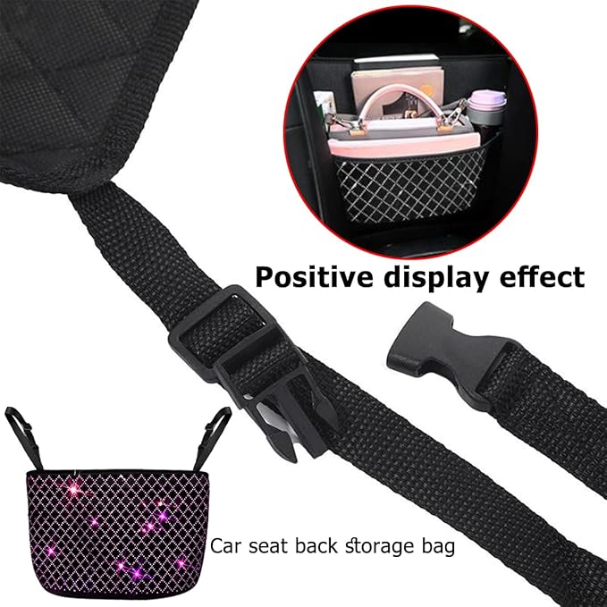 zipelo Bling Car Net Pocket Handbag Holder, Rhinestone Vehicle Backseat Purse Organizer Between Seats, Diamond Hanging Storage Bag Barrier of Pet Kids, Universal Automotive Accessories (Pink)