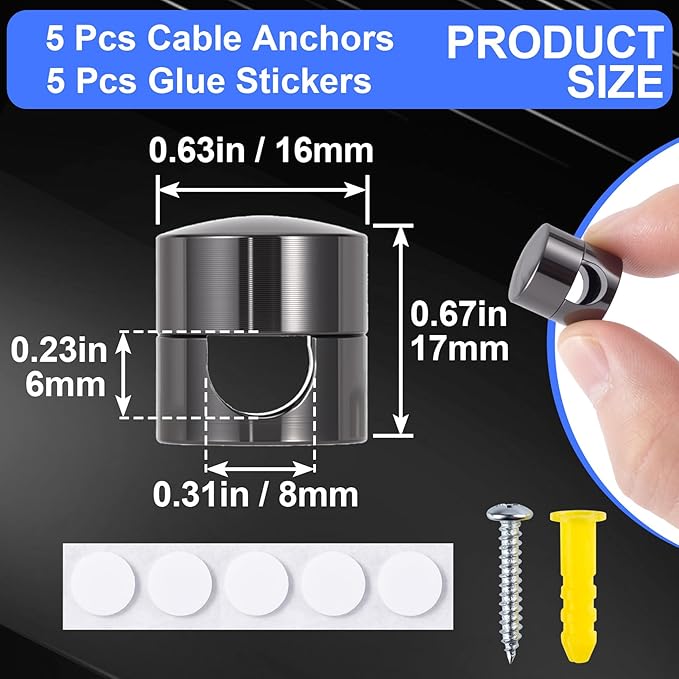 SmallCat 5 Sets Charger Holders for Cords, Black Adjustable Cable Anchor Holders, Adhesive Metal Cord Clips, Cable Management Wire Organizers for Desk, Office, Nightstand