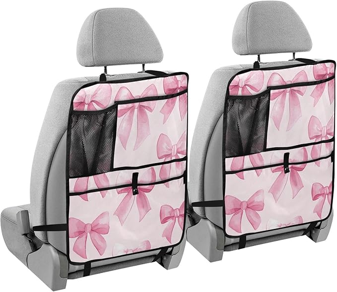 KJIMZO Pink Bows Car Backseat Organizer Kick Mats Protector Seat Covers Vehicle Back Seat with Storage Pockets for Road Trip-1Ppack