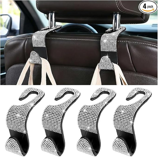 4PCS Bling Car Seat Headrest Hooks, Crystal Rhinestone Vehicle Purse Handbag Coat Hangers Holder, Automotive Interior Storage Organizer Accessories for Women Girls, Universal Fit (White)