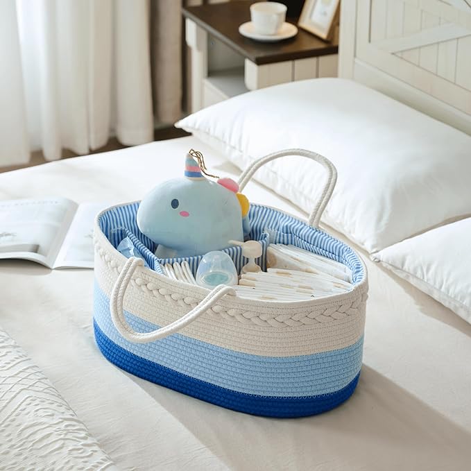 luxury little Diaper Caddy Organizer, Large Cotton Rope Nursery Baby Basket, Changing Table Organizer for Baby Diaper Storage, Portable Car Organizer Removable Divider (Blue, Large)