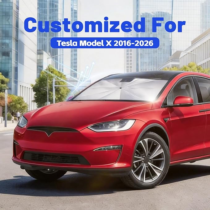 Car Windshield Sun Shade for Tesla Model X 2016-2026 –[Reflective Coated Fabric] Sunshade Umbrella for Front Window, Car Shades Sun Visor Keep Car Cool and Protects Interior, 1:1 Exact Fit