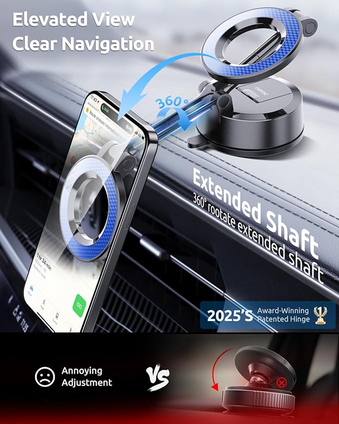 Vacuum Magnetic Car Phone Holder, 360°Adjustable, Compatible with iPhone 12-17 Series & Dashboard Mount & Tesla, 80+LBS Strong Suction Cup Phone Holders for Your Car, MagSafe-Compatible (Blue)