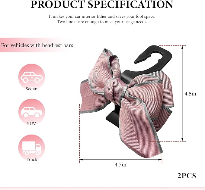 2 PCS Car Seat Headrest Hook, Cute Bowknot Multifunctional Seat Back Hook for Car, Hidden Vehicle Rear Seat Purse Hanger Hook for Women Girls, Car Interior Accessories (Pink)