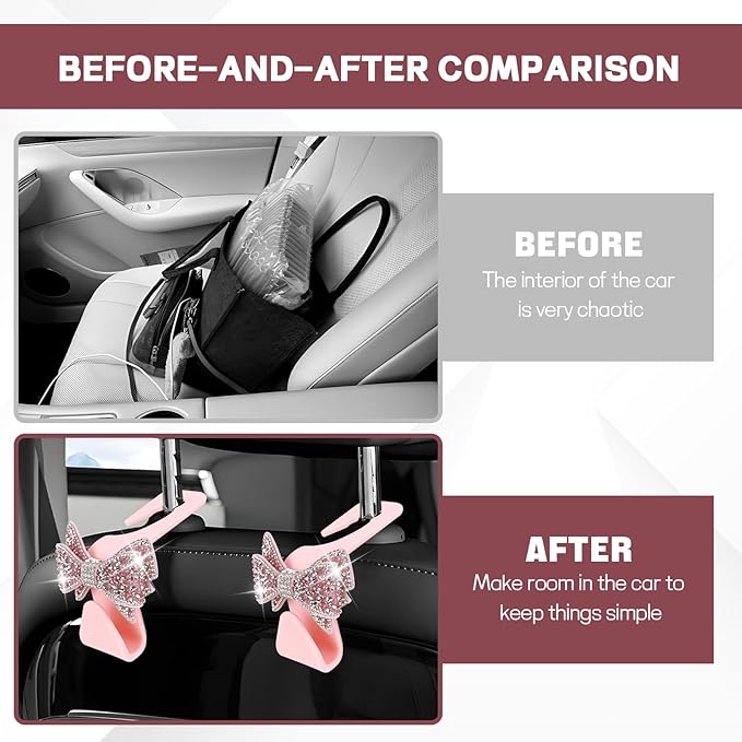 2PCS Bling Bow Car Seat Headrest Hook, Cute Bow Purse Hanger for Cars, Crystal Rhinestone Auto Seat Back Storage Hanging Hooks for Handbag Umbrella Coat Grocery Bags, Car Accessories (Pink)