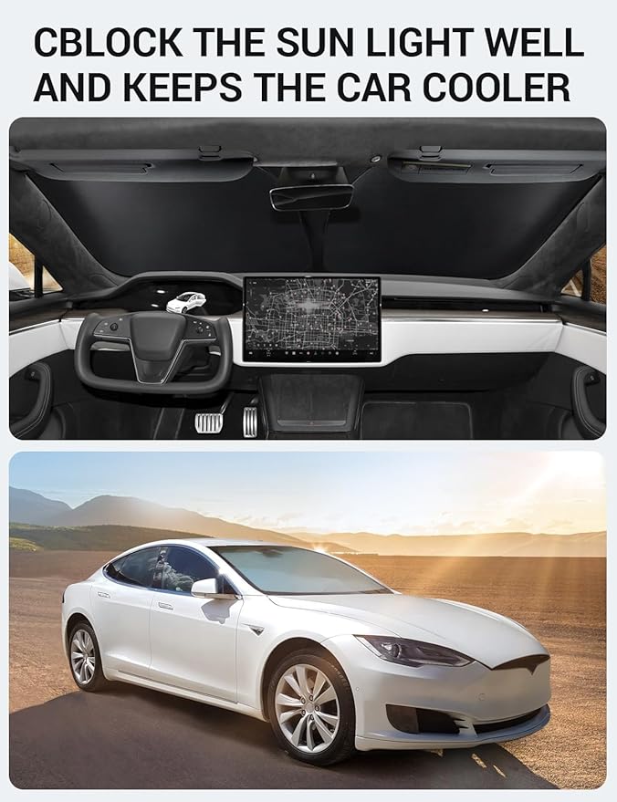 BASENOR 2026-2021 Tesla Model S Windshield Sunshade [Proprietary Design] [UV Protection] Foldable Heat Insulation Sun Shade Front Window Cover for Model S Accessories