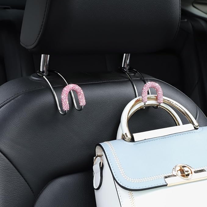 Soleebee 2 Pack Bling Car Headrest Hooks Crystal Rhinestones Universal Car Seat Hook Auto Hook Durable Car Back Seat Hangers Storage Organizer (Pink)