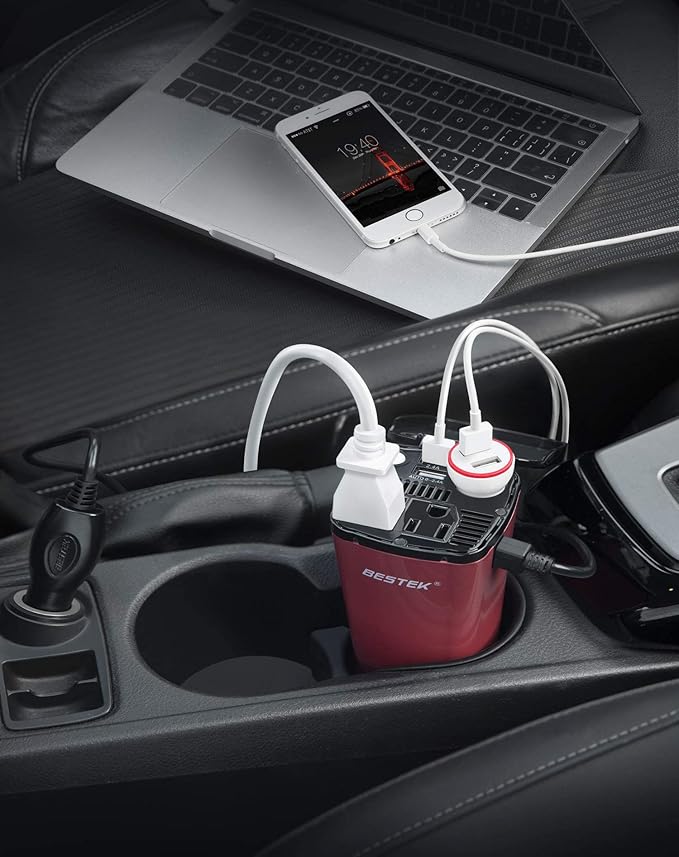 BESTEK 200W Power Inverter, Car Plug Adapter Outlet Converter with Dual 4.5A USB Charging Ports, Cup Holder Car Charger with Cigarette Lighter Socket for Laptop, Computer (Cola Red)