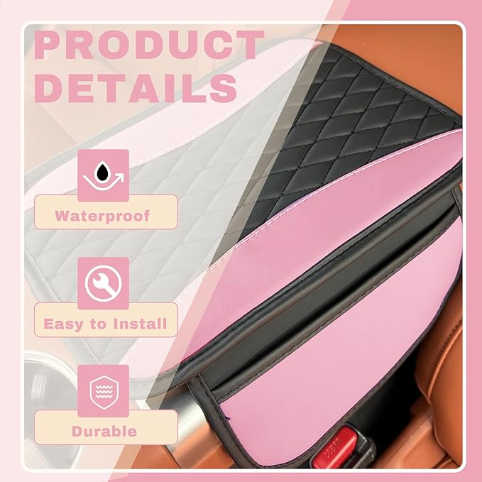 Leather Car Center Console Cover with Side Pockets, Upgraded Arm Rest Cover for Car Seat Organizer, Middle Console Cover Stylish Car Decoration, Universal for Most Vehicles (Pink)