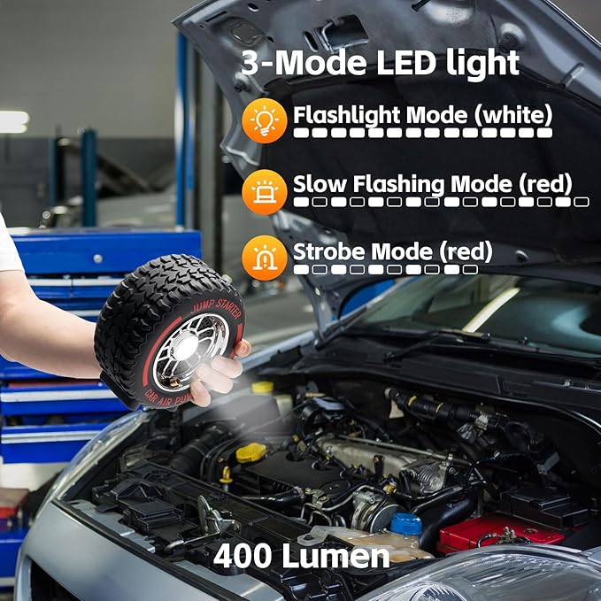 Jump Starter with Air Compressor, 5000A 150PSI Car Battery Jump Starter (All Gas/9.0L Diesel), 12V Jump Box Car Battery Jumper Starter Portable with Smart Jumper Cables, Tire Inflator, LED Light