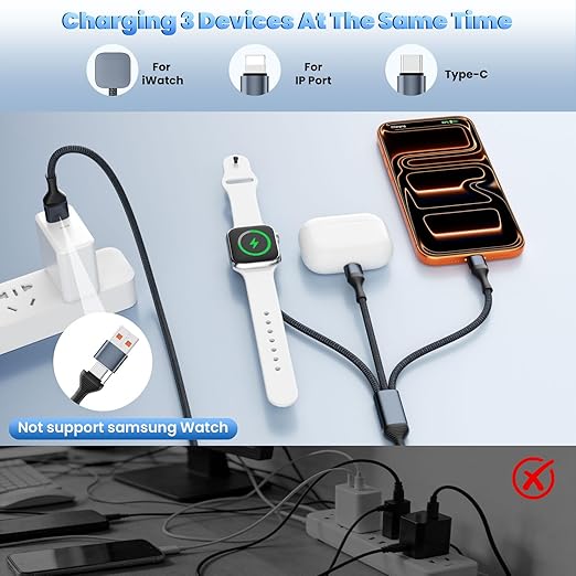 Travel Cruise Essentials 3 in 2 Multi Charging Cable Cord for iWatch Charger/IP/USB C, Braided USB A/C Cable iPhone Charger for Multiple Devices,Car Accessories for iWatch Series/iPhone 17-11/iPad-4FT