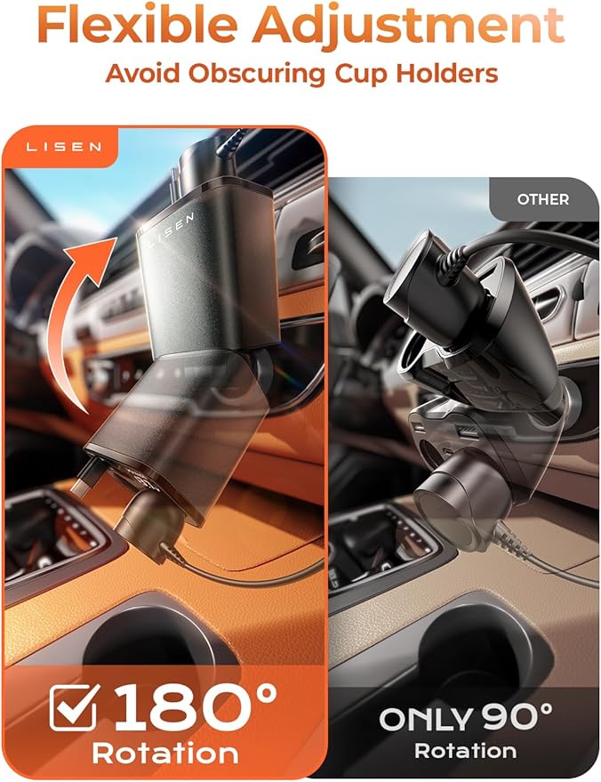 LISEN Car Cigarette Lighter Splitter, Metal 90W Dual Cigarette Lighter Adapter Metal with PD30W Retractable Car Charger, LED Voltage12V/24V Car Charger Splitter for iPhone 16, GPS, DashCam