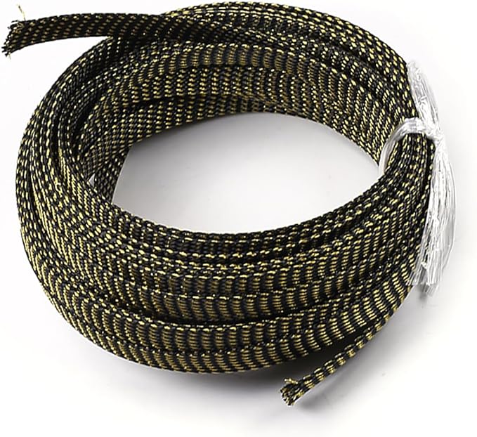 Aicosineg 32.81ft PET Flexible Braided Cable Sleeve 0.44inch Width Wire Loom Sleeving and Organizer Flexible Wire Mesh Sleeve Wrap Protector for TV Audio PC Cords from Pets Chewing Black and Gold