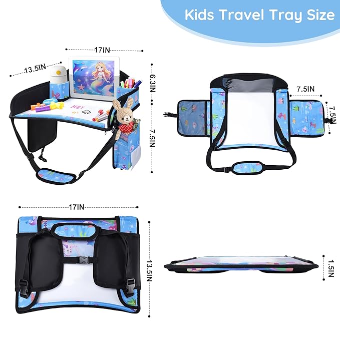 Kids Travel Tray, Kids Travel Trays for Car Seat, Road Trip Essentials for Toddler, Carseat Lap Tray with Dry Erase Board & Storage Organizer for Road Trip Activities for Kid, Bluish Violet
