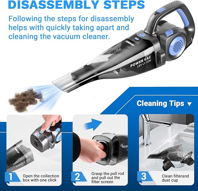 DEKOPRO 22V Upgraded Handheld Vacuum – Cordless & Rechargeable Car Vacuum Cleaner with LED Light, Strong Suction Mini Vacuum for Pet Hair & Dust, Includes Multi Nozzles for Wet/Dry Cleaning