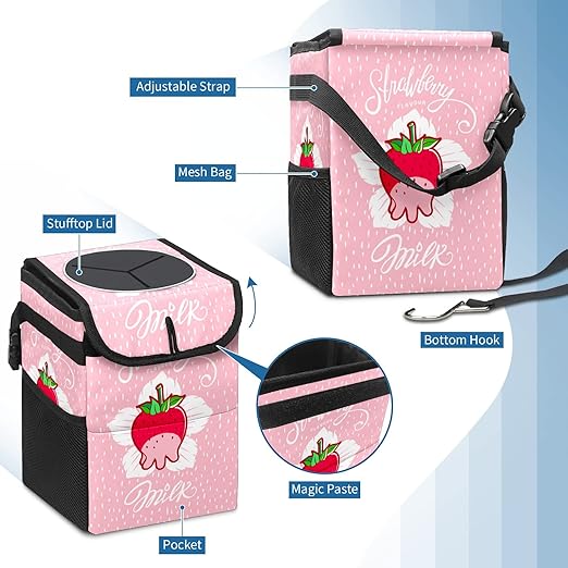 Milk Strawberry Collapsible Reusable Waterproof Trash Can with Lid - Automotive Garbage Can, Interior Car Organizer
